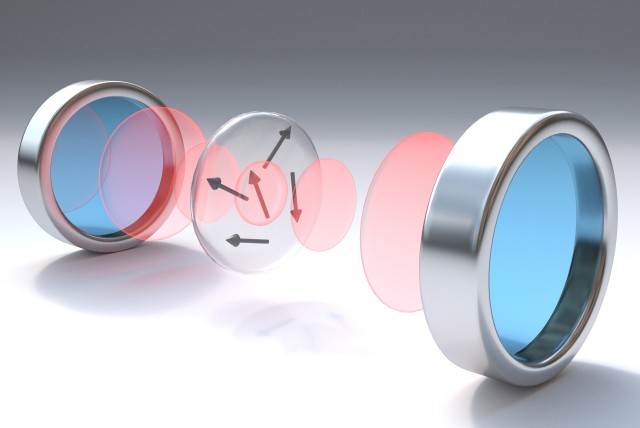 The crystal disk with the quantum bits of erbium atoms (arrows) is in the middle, the back and forth reflected infrared light is indicated by the red disks Grafical illustration of a crystal disk with quantum bits and reflected infrared light.