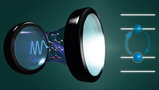 Illustration of a molecule interacting with the quantum vacuum field inside an optical cavity. Illustration of a molecule interacting with the quantum vacuum field inside an optical cavity.